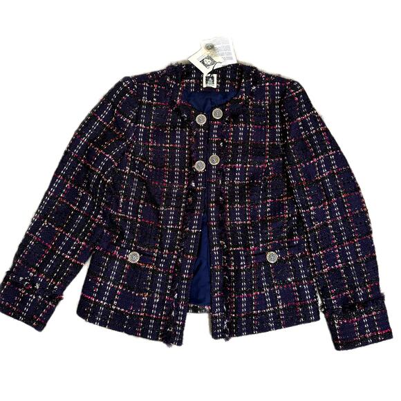 Anne Klein Tweed Kissing Front Jacket with Fringe Royal Purple - Size 6 - $189 - Picture 2 of 10
